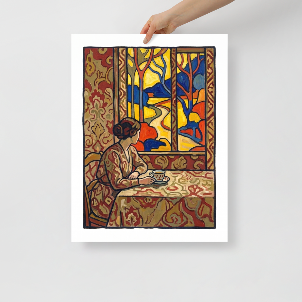 A warm interior painting of a woman sitting at a table with a cup of tea looking out a bright window framed by decorative wallpaper, creating a cozy focal point for a dining room or kitchen. A Les Nabis print in gold and crimson, 'Morning Window'.