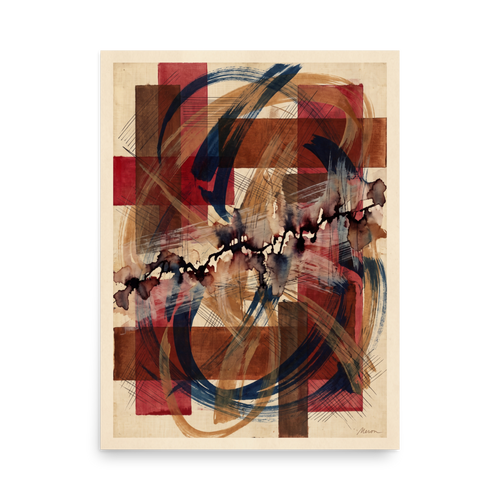 'Crimson Lattice', Geometric abstract art wall art in crimson and navy. An intricate abstract art print with crimson grid blocks, navy brush strokes, and cross-hatching linework styled on a studio wall.