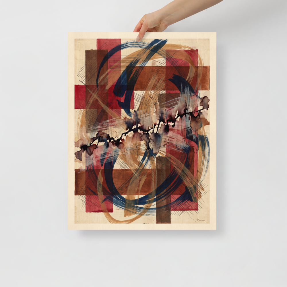 An intricate abstract art print with crimson grid blocks, navy brush strokes, and cross-hatching linework styled on a studio wall. A intricate / ornate piece titled 'Crimson Lattice'.
