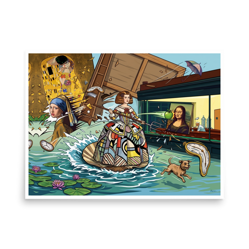 Pop art wall art for the game room, 'Art History Collision'. A playful pop art illustration featuring iconic masterpieces like the Mona Lisa, Girl with a Pearl Earring, and Klimt's The Kiss colliding in a flooded diner landscape, perfect for a game room.