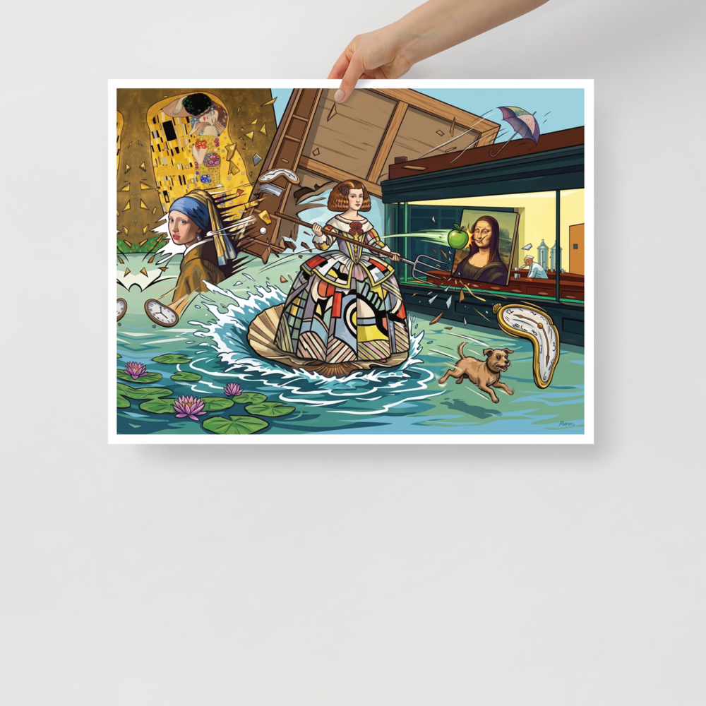 'Art History Collision', a Pop art wall art print. A playful pop art illustration featuring iconic masterpieces like the Mona Lisa, Girl with a Pearl Earring, and Klimt's The Kiss colliding in a flooded diner landscape, perfect for a game room.