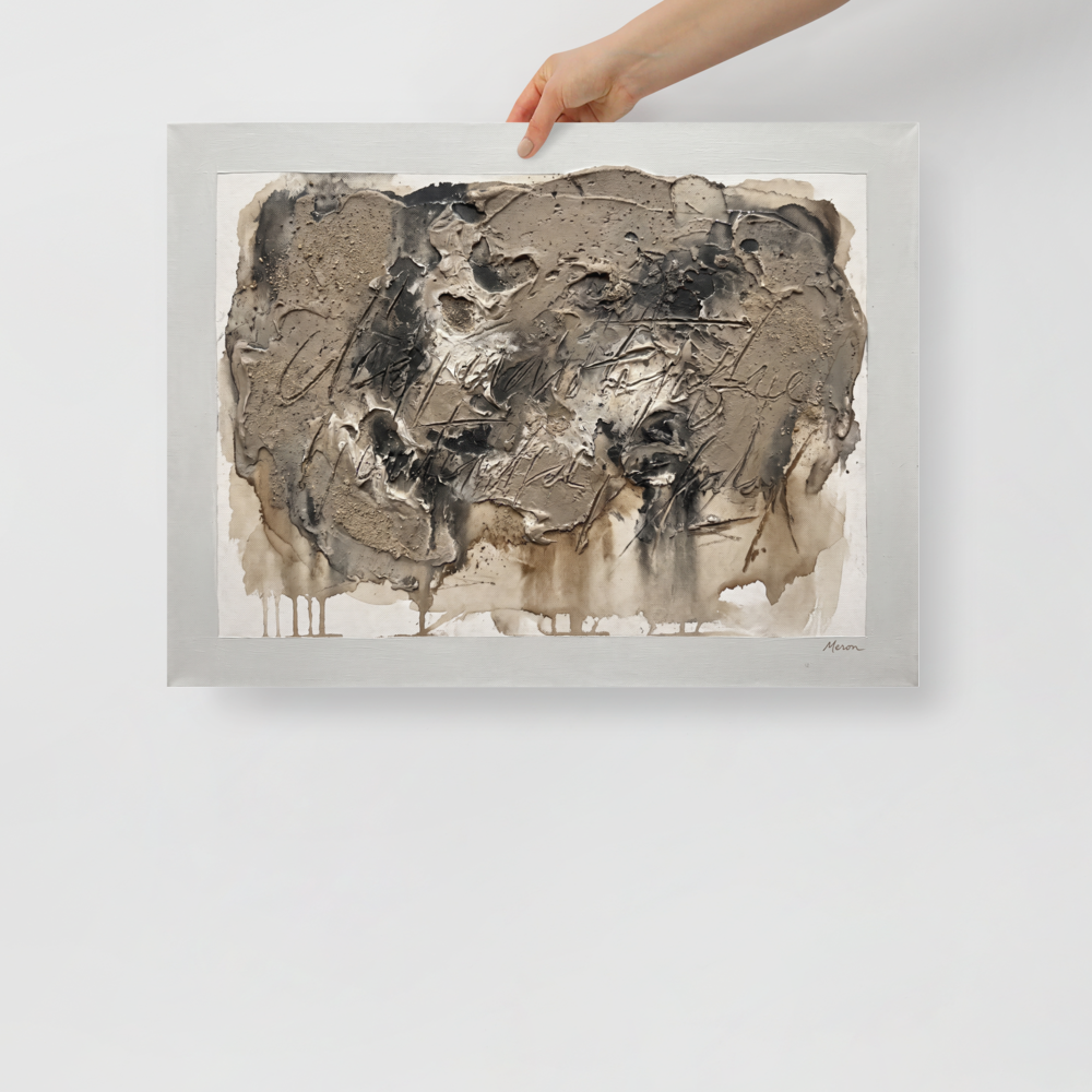 'Earth and Sgraffito', part of Meron's Arte Povera wall art. A heavily textured neutral clay relief canvas with sgraffito calligraphic marks in a living room wall art print.