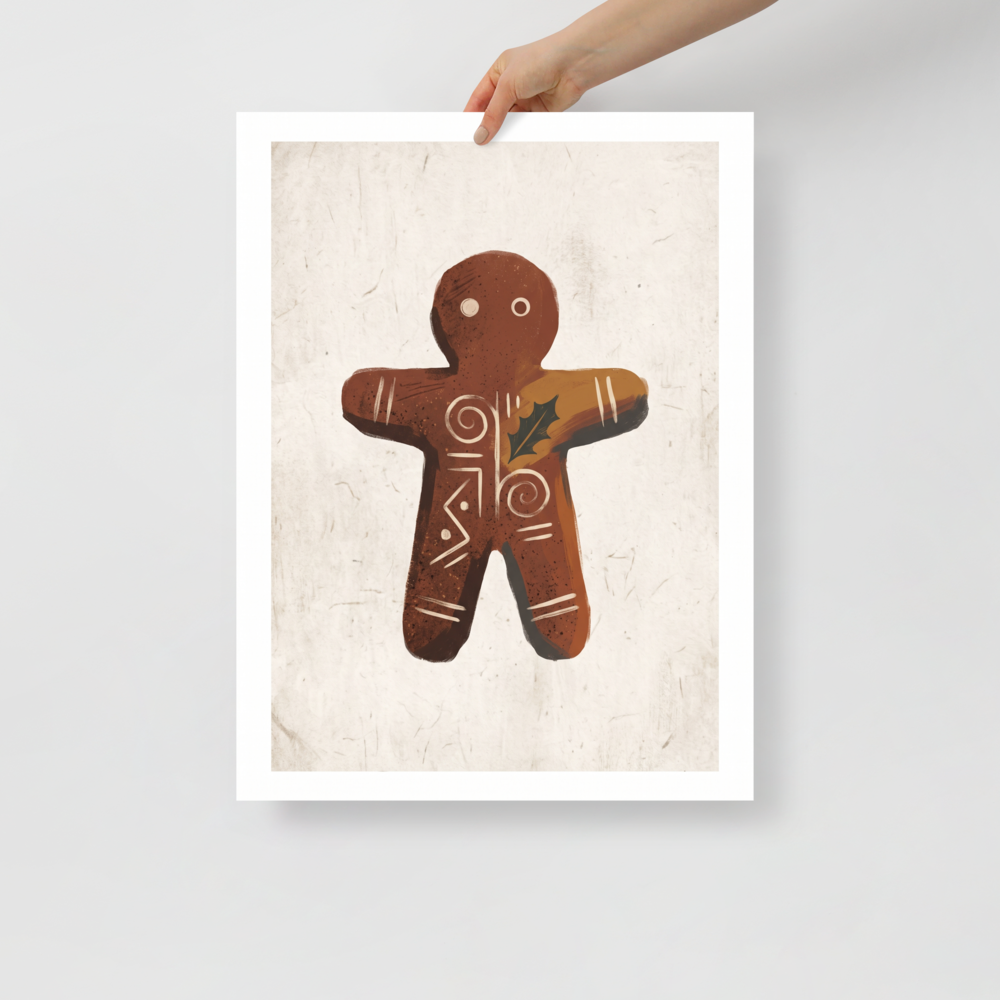 Wall art print 'Gingerbread Rune' in a Folk art style. A minimalist folk illustration of a gingerbread figure with holly leaves on parchment paper for kitchen wall art.