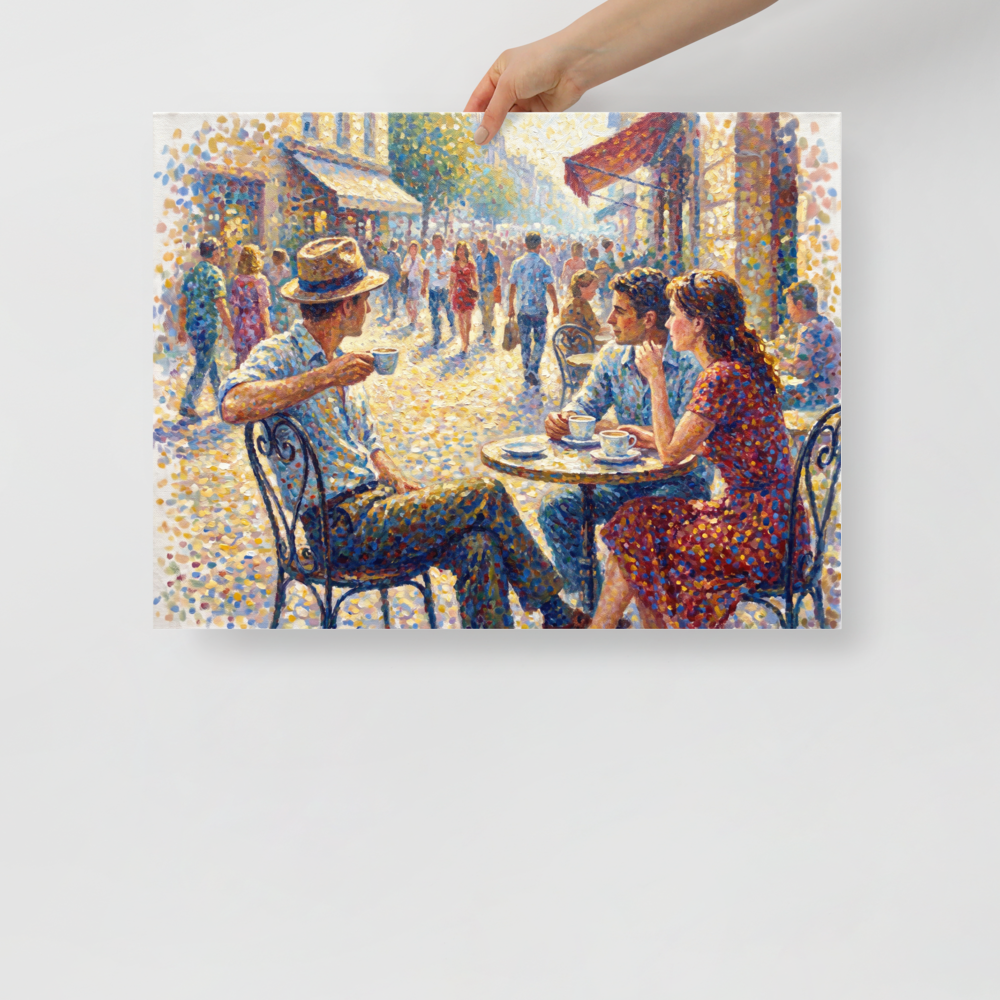 'Midday at the Bistro', Pointillism wall art in gold and blue. A Pointillist painting of figures seated at a sunny outdoor bistro cafe with dappled light in a Dining Room.