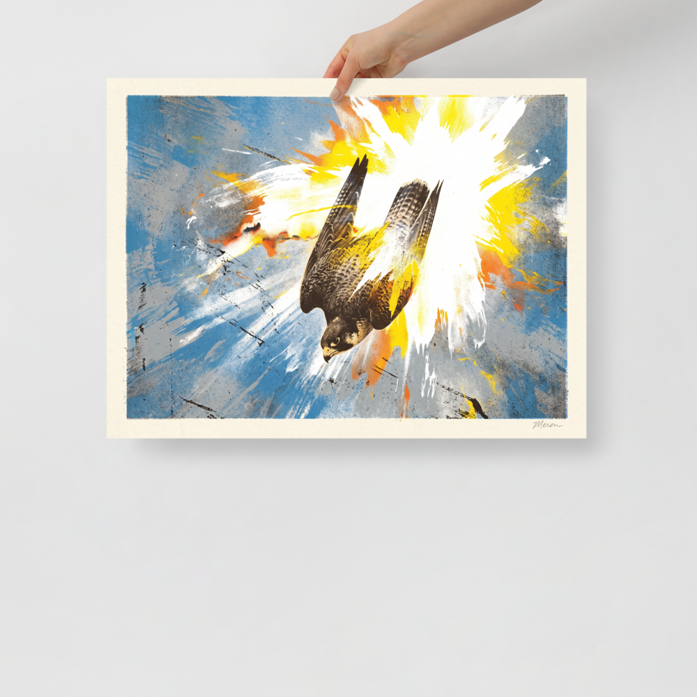 'Terminal Stoop', a Pop art wall art print. A dramatic print of a falcon diving headfirst with explosive yellow and white paint splashes, perfect as office wall art.