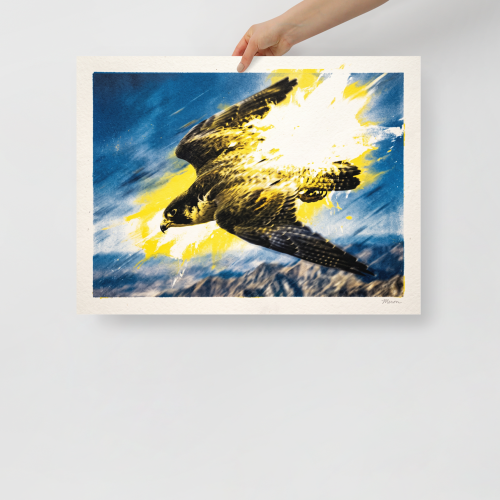 'Velocity', part of Meron's Pop art wall art. A dynamic print of a falcon swooping through the sky with yellow paint splatters, perfect as office wall art.