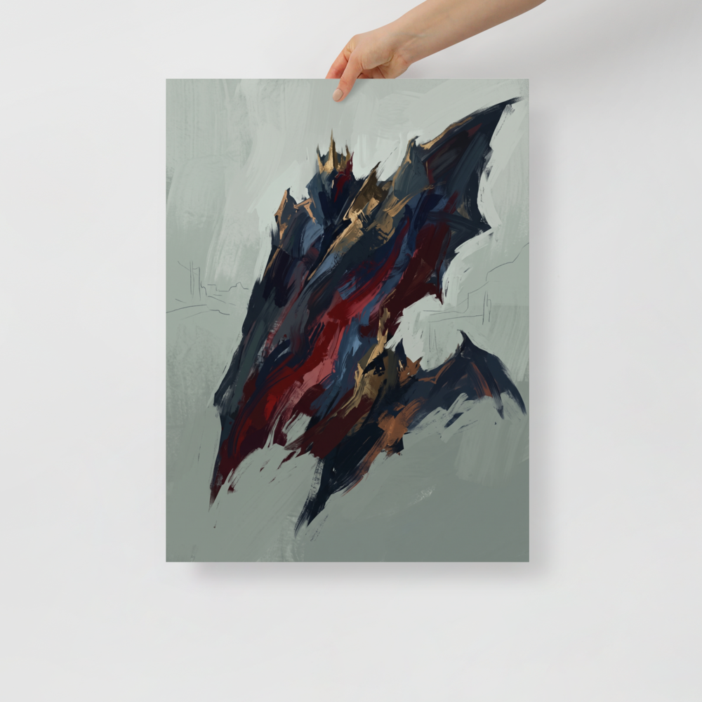 'The Crimson King'. An abstract painting of a crowned, bat-winged figure in dark navy and crimson strokes, perfect for a gothic Office or Man Cave. Offered as a Abstract expressionism print.