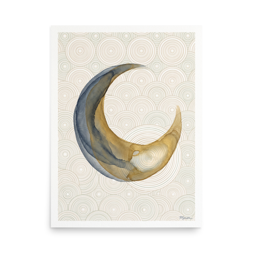 Fluid watercolor crescent moon in gold and indigo over concentric circle line patterns, ideal for a bedroom. A Abstract art print with a watercolor painting look, titled 'Celestial Tide in Ochre'.