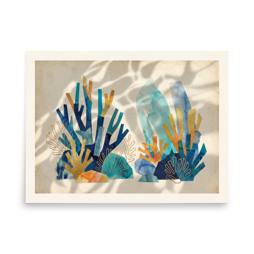 'Coral Sanctuary', Dau-al-Set wall art in blue and gold. Delicate branching corals, golden outlines, and abstract underwater organic shapes float in dappled sunlight, creating a calming focal point perfect for a bathroom or living room.