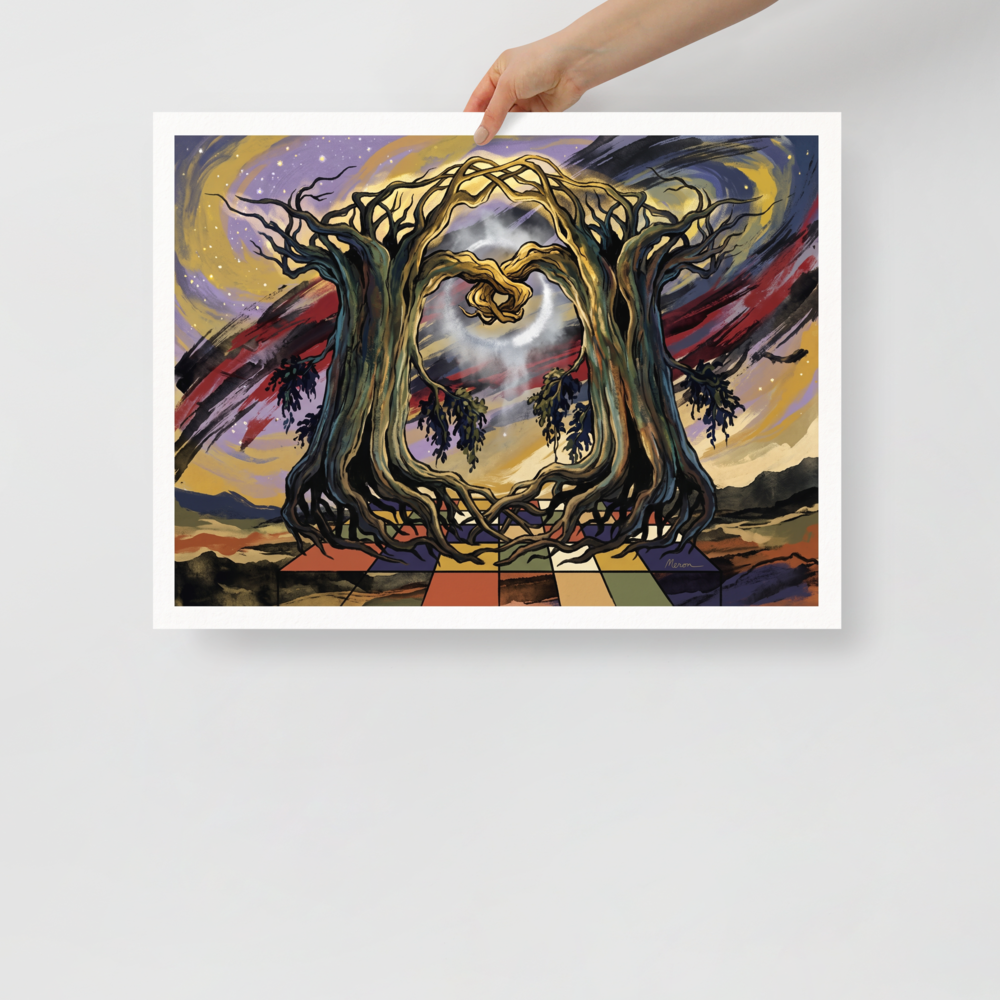 Surrealism wall art exploring fantasy, 'Tree Portal'. Surreal illustration of two intertwined gnarled trees forming a heart portal under a swirling cosmic sky, ideal for a bedroom.