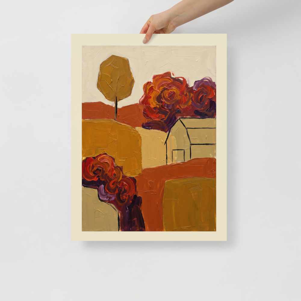 'Abstract Autumn Farm', a Abstract expressionism wall art print. An abstract expressionist oil painting of an autumn landscape with thick red and purple trees, ochre fields, and a simple line drawing of a barn, perfect for a modern Living Room.