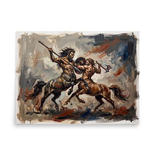 An expressive oil painting depicting two muscular centaurs locked in a fierce battle with weapons, a strong choice for a Man Cave or Game Room. A Expressionism print with a oil painting look, titled 'Clash of the Centaurs'.