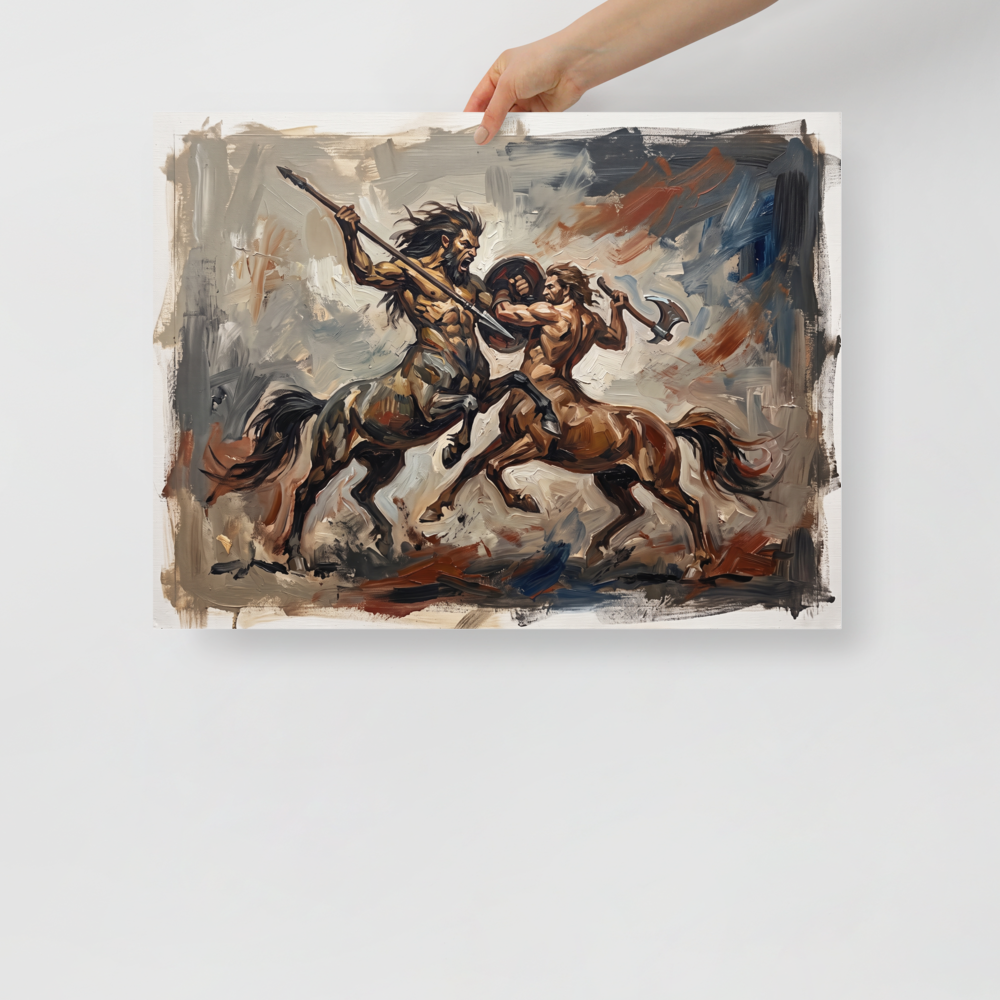 An expressive oil painting depicting two muscular centaurs locked in a fierce battle with weapons, a strong choice for a Man Cave or Game Room. Shown here as the Expressionism print 'Clash of the Centaurs'.