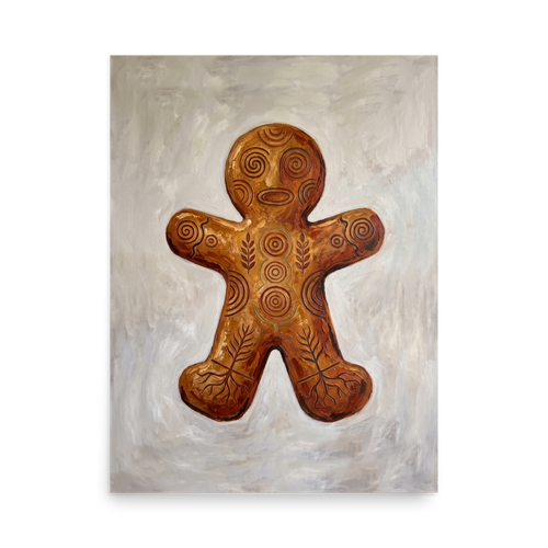 An artwork of a gingerbread man carved with ancient spiral patterns in a warm kitchen wall art arrangement. Available as the Folk art art print 'Ancient Gingerbread Totem'.