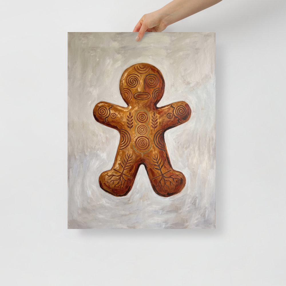 An artwork of a gingerbread man carved with ancient spiral patterns in a warm kitchen wall art arrangement. Available as the Folk art art print 'Ancient Gingerbread Totem'.