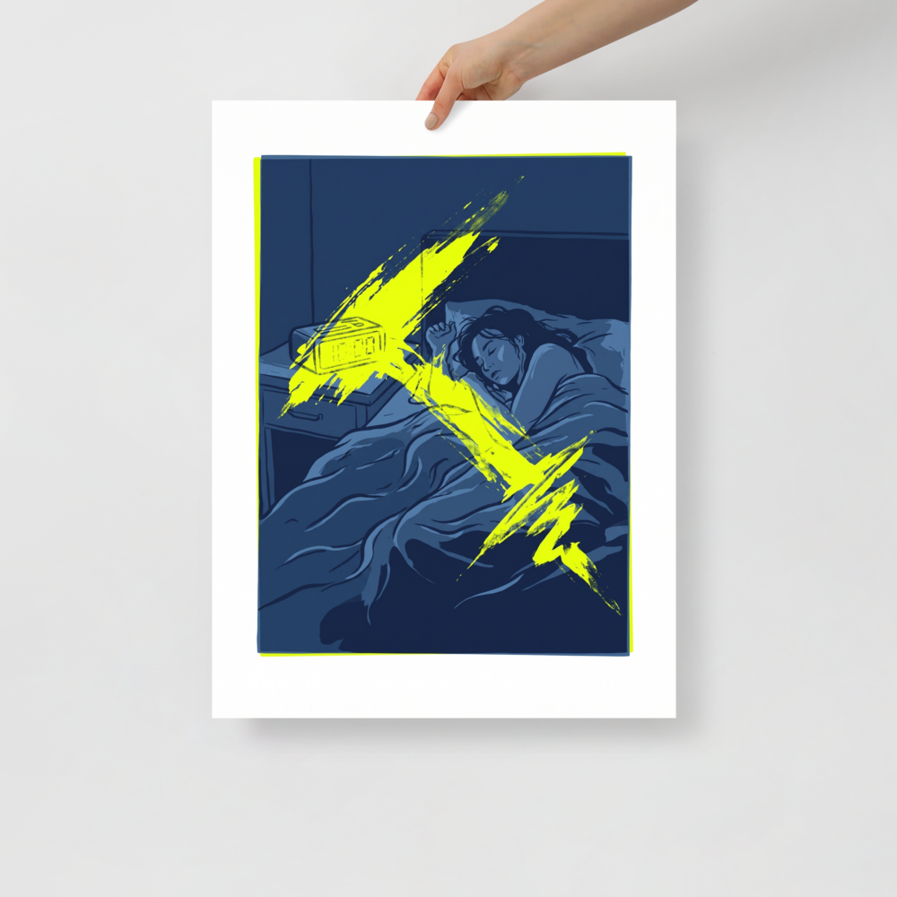 Graphic blue illustration of a woman asleep in bed pierced by a vivid neon yellow lightning bolt brushstroke from an alarm clock, ideal for bedroom decor. A Pop art print with a digital art look, titled 'Jarring Wakefulness'.
