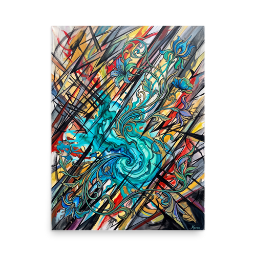 Abstract Art Nouveau painting with turquoise flowers and sharp charcoal lines in a living room. A Art Nouveau art print titled 'Botanical Shatter'.