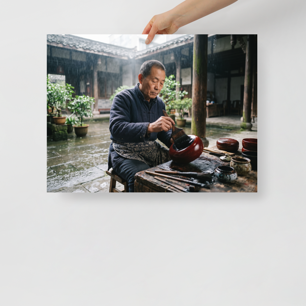 A admiration / absorbing scene in dark slate gray and maroon, 'The Lacquer Craftsman'. An artisan meticulously applies lacquer to a bowl in a rainy courtyard, offering inspiring dedication suited for an office.