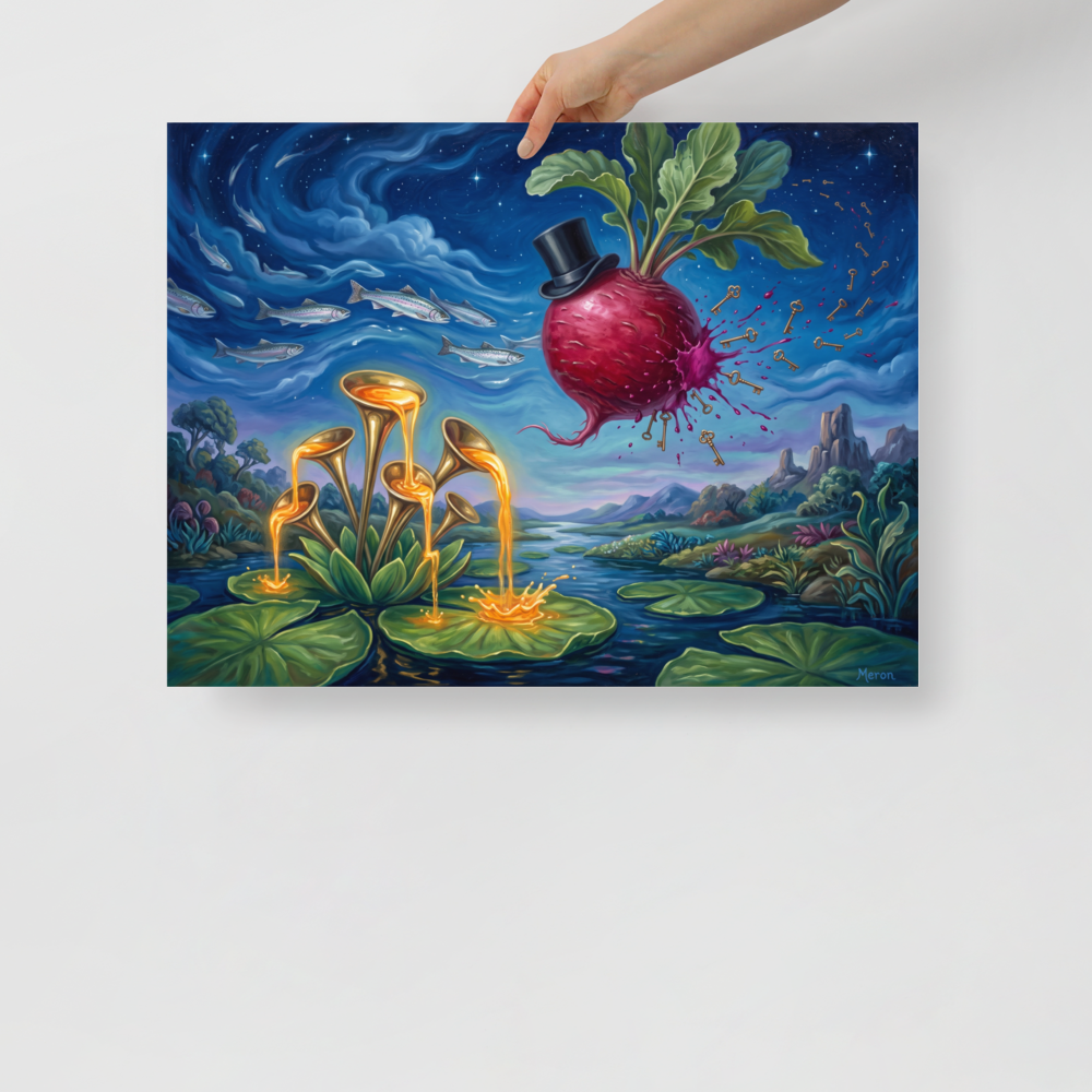 Surrealism wall art, 'The Keyholder Radish'. A surreal oil painting art print featuring a floating radish in a top hat shedding golden keys over a lily pad lake for a living room wall.