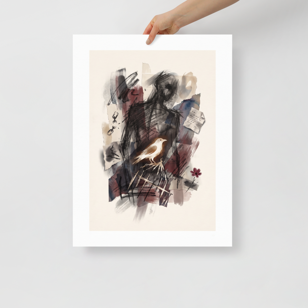 An expressive mixed-media drawing featuring a dark sketched silhouette, a white bird perched on a broken birdcage, broken chains, and red washes, ideal for a creative studio or bedroom. A brooding piece titled 'Liberated Shadow'.