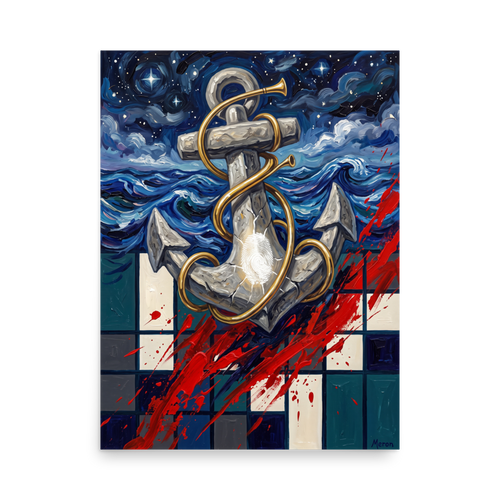 'Anchor of the Horizon', Surrealism wall art in dark blue and crimson. A modern nautical surreal art print featuring a stone anchor wrapped in a brass horn with starry skies and crimson paint slashes for a living room wall.