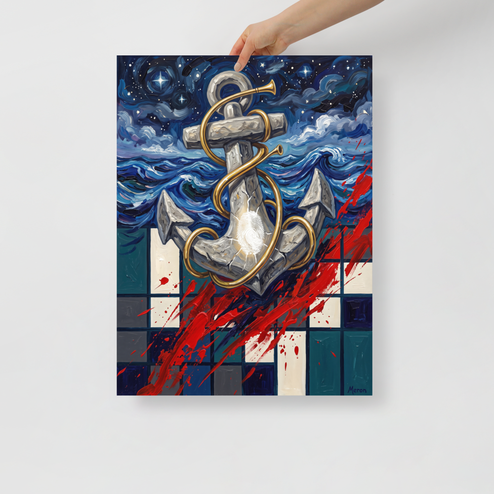 A modern nautical surreal art print featuring a stone anchor wrapped in a brass horn with starry skies and crimson paint slashes for a living room wall. A striking piece titled 'Anchor of the Horizon'.