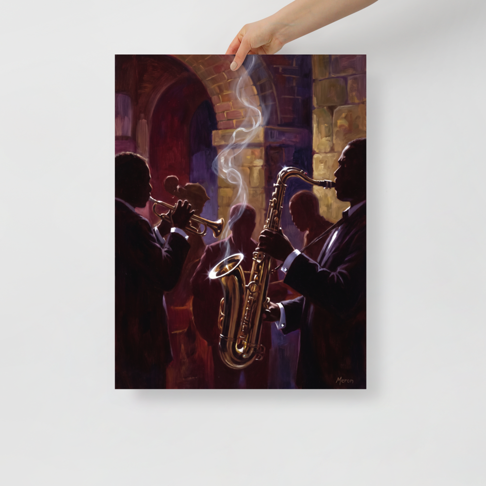 Fine art print 'Smoke and Brass' in a Realism style. Atmospheric oil painting of jazz musicians playing saxophone and trumpet under a brick arch with rising smoke, ideal for a speakeasy lounge.