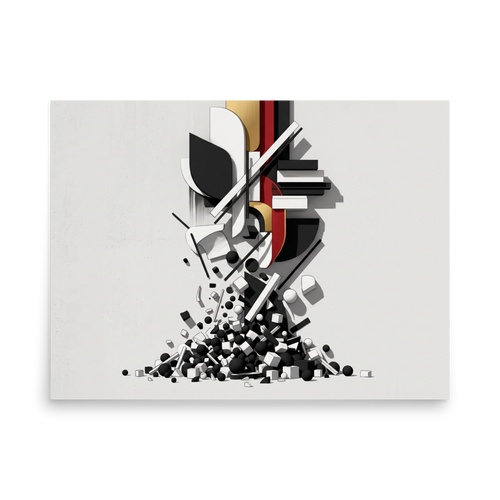 A striking 3D geometric composition of black, white, and gold architectural slabs cascading into spheres and cubes, ideal for a modern office or living room. Available as the Constructivism art print 'Cascading Geometric Construct'.