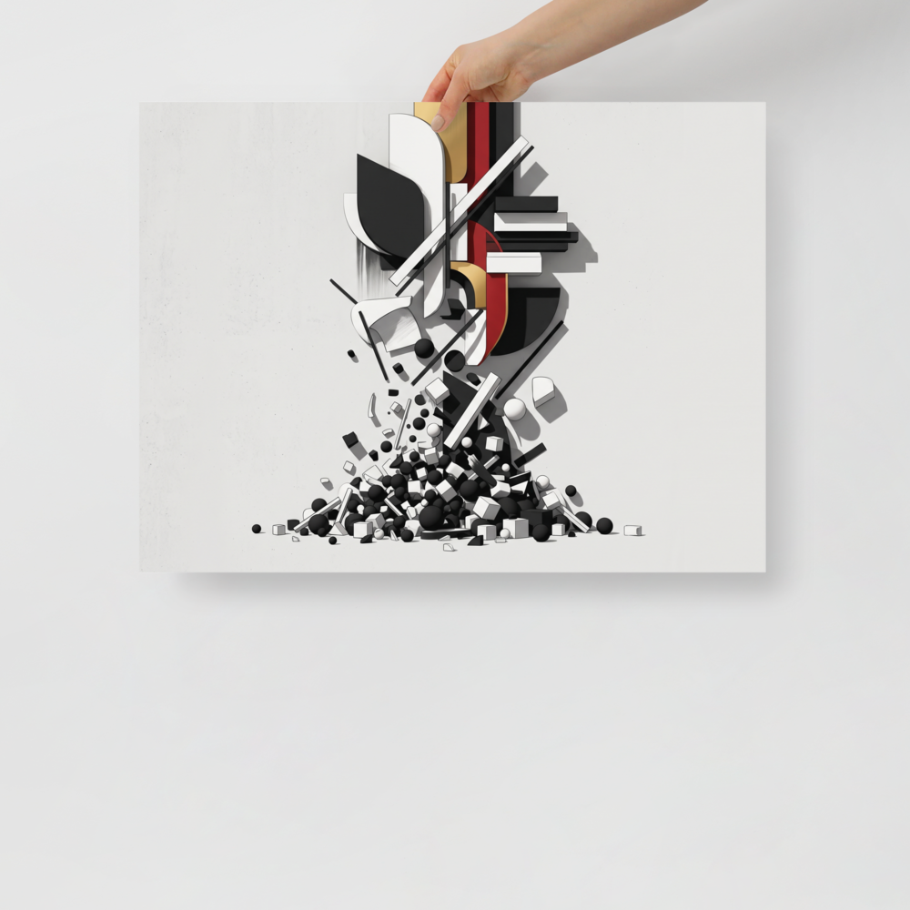 Constructivism wall art, 'Cascading Geometric Construct'. A striking 3D geometric composition of black, white, and gold architectural slabs cascading into spheres and cubes, ideal for a modern office or living room.