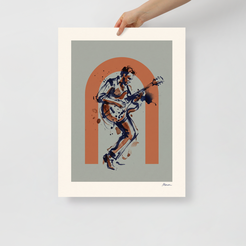 Abstract art wall art, 'Rust Rhythm'. Gestural ink sketch of a guitarist playing an electric guitar framed within a terracotta arch, ideal for a living room.