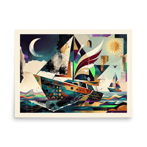 Fine art print 'Celestial Sailboat' in a Dau-al-Set style. A geometric sailboat with winged sails navigates between a crescent moon and a radiant sun, creating a dynamic maritime statement for a living room.