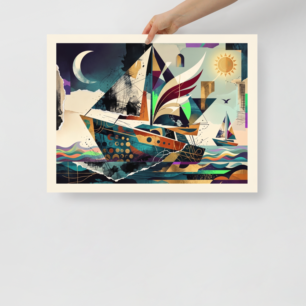 A dreamy scene in dark blue and gold, 'Celestial Sailboat'. A geometric sailboat with winged sails navigates between a crescent moon and a radiant sun, creating a dynamic maritime statement for a living room.