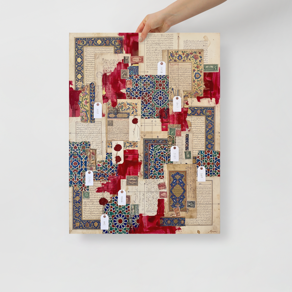 Wall art print 'Silk Road Archives' in a Arabesque style. Intricate blue Islamic tilework, crimson paint, and manuscript fragments form a rich collage in a living room wall art print.