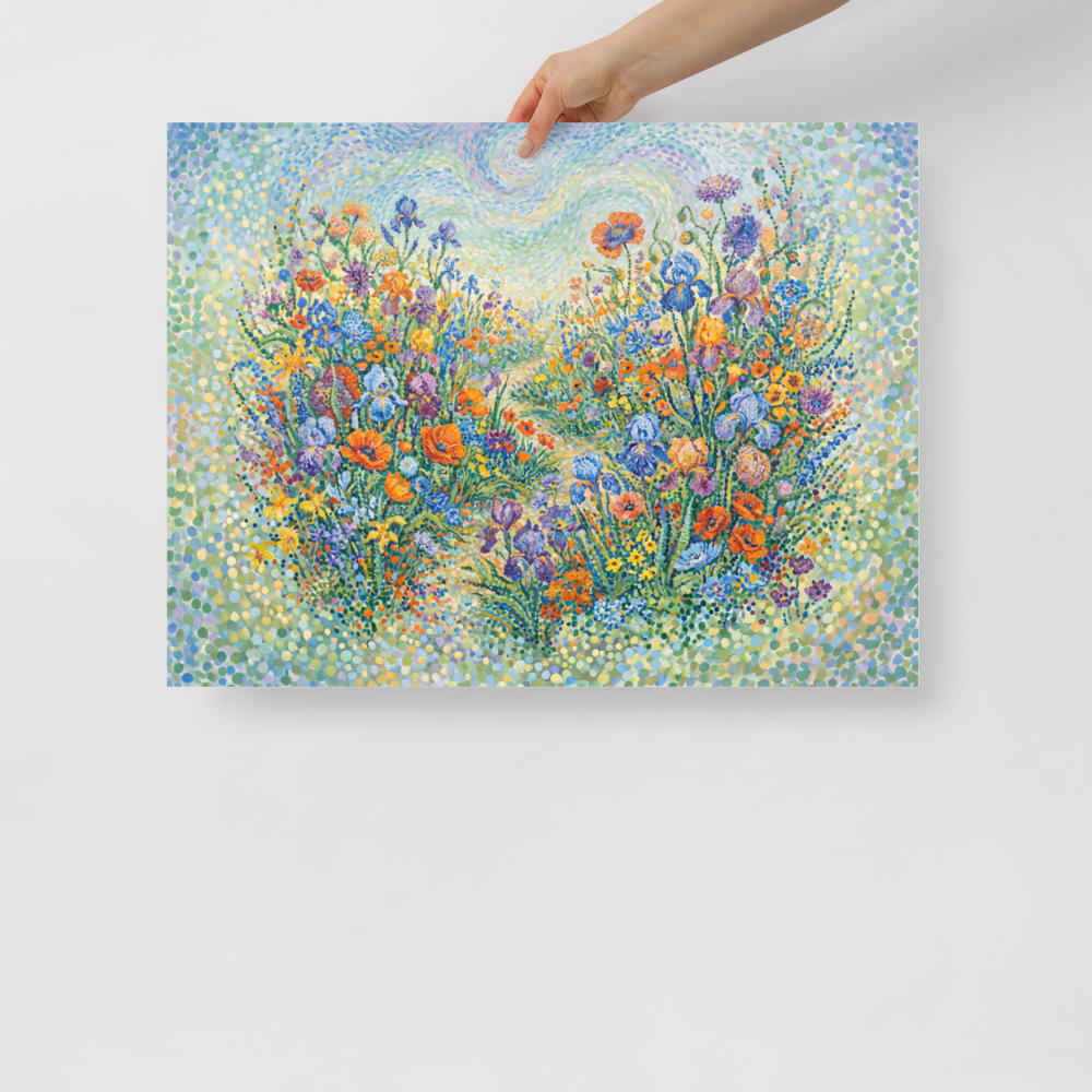 A Pointillist painting of a garden pathway filled with orange poppies and blue irises in a Sunroom / Conservatory. A Pointillism print in blue and orange, 'Wildflower Symphony'.