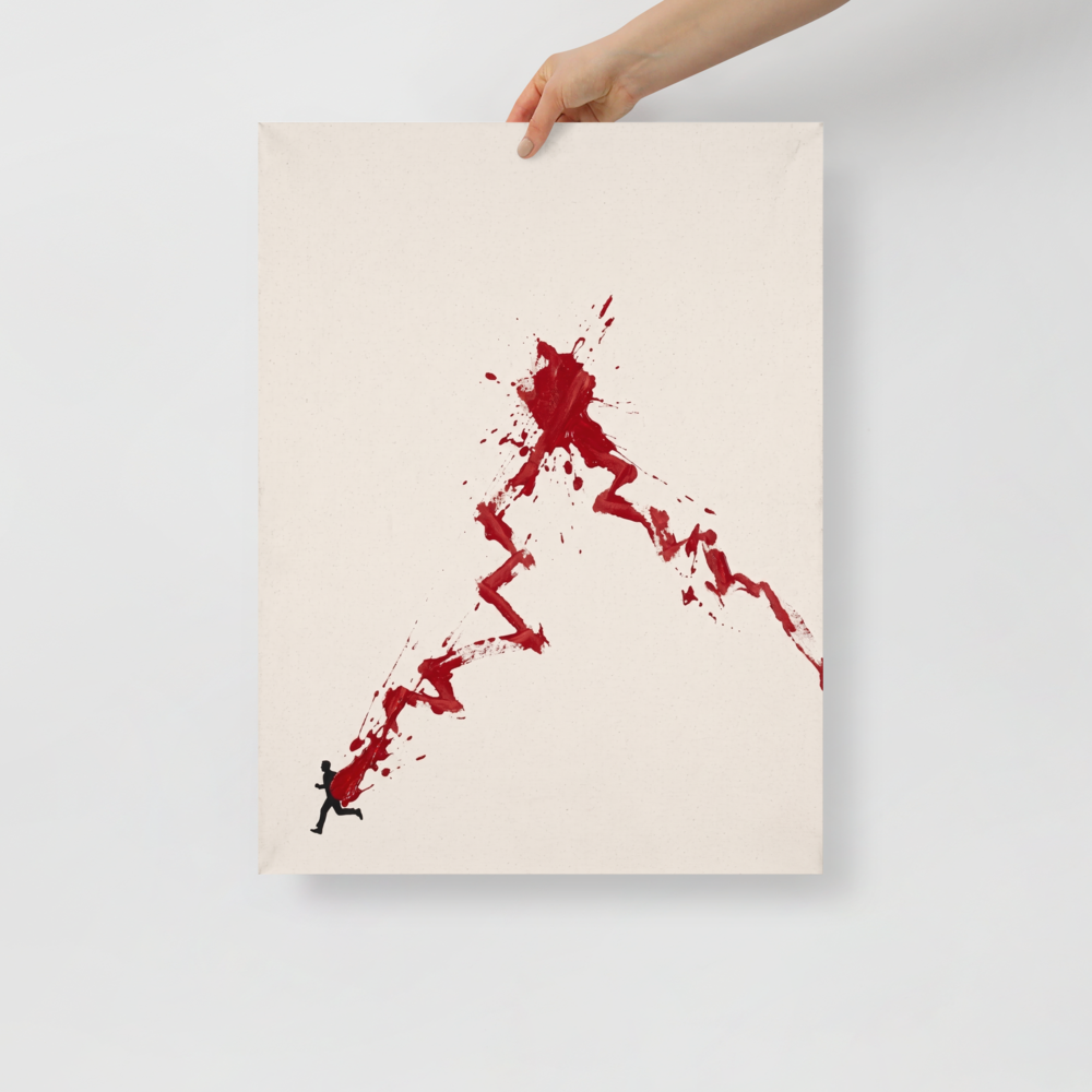 'The Surge of Momentum', a Conceptual art wall art print. Minimalist conceptual art print depicting a silhouette running with a vivid red paint splash trailing upward into a dramatic peak, ideal for a modern office.