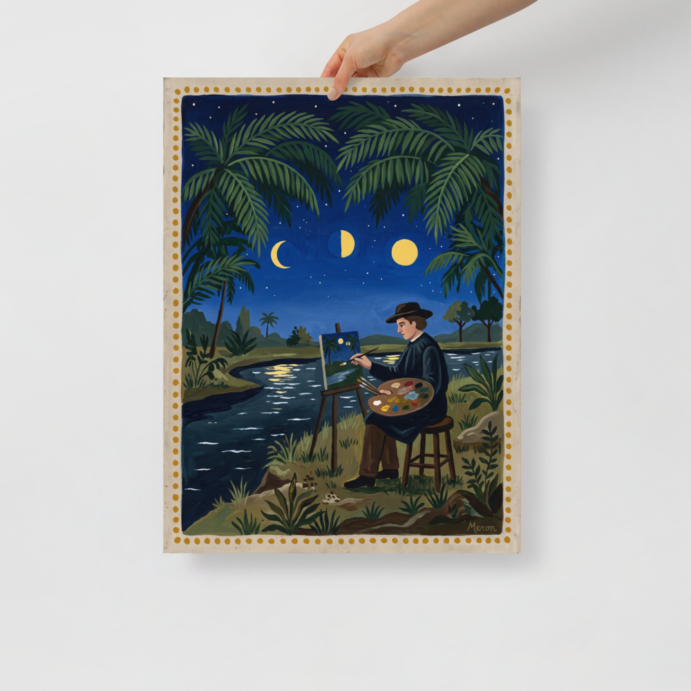 'Nocturne Artist', Naive art wall art in midnight blue and dark green. Poetic naive art painting of a plein air painter working under moon phases by a riverbank, perfect for a studio wall.
