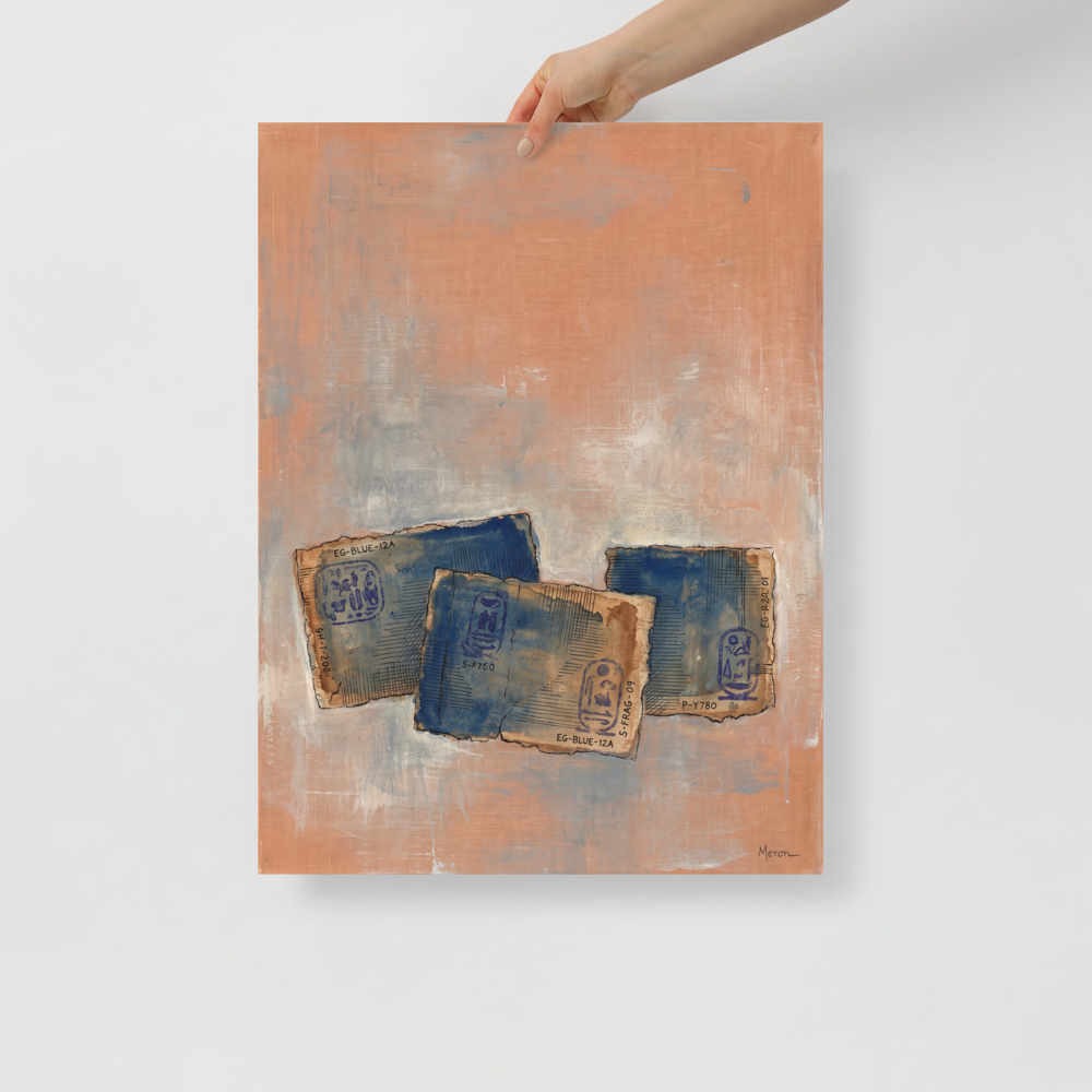 A mystical / mysterious Abstract art print, 'Egyptian Blue Relics'. Blue Egyptian papyrus fragments with ancient hieroglyphs float on a terracotta canvas in a living room wall art print.