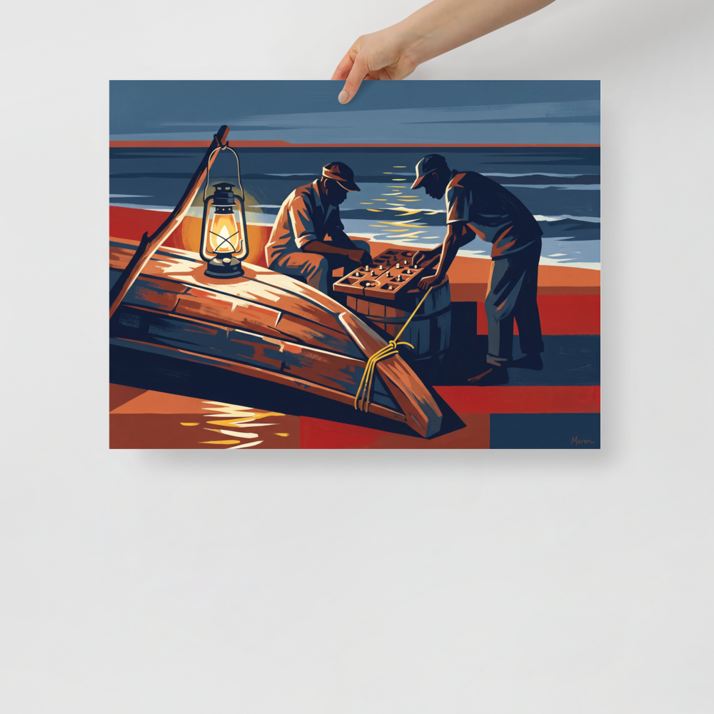 Two men playing a wooden board game under a glowing lantern beside an overturned boat on a night beach, ideal for a living room. Available as the Modernism art print 'Lanterns by the Tide'.