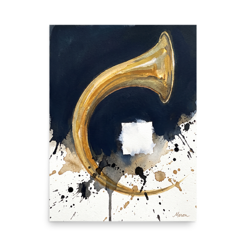 Fine art print 'Crescendo in Gold' in a Abstract expressionism style. A metallic gold brass horn arc with dark blue ink wash and black ink splatters on white paper in a living room wall art display.