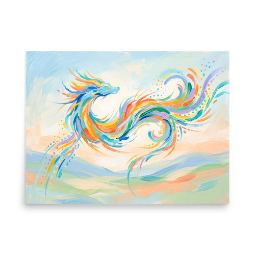 Expressionism wall art exploring mythology, 'Celestial Dragon'. Vibrant pastel painting of a colorful celestial dragon dancing in the sky, perfect wall art for a bedroom.