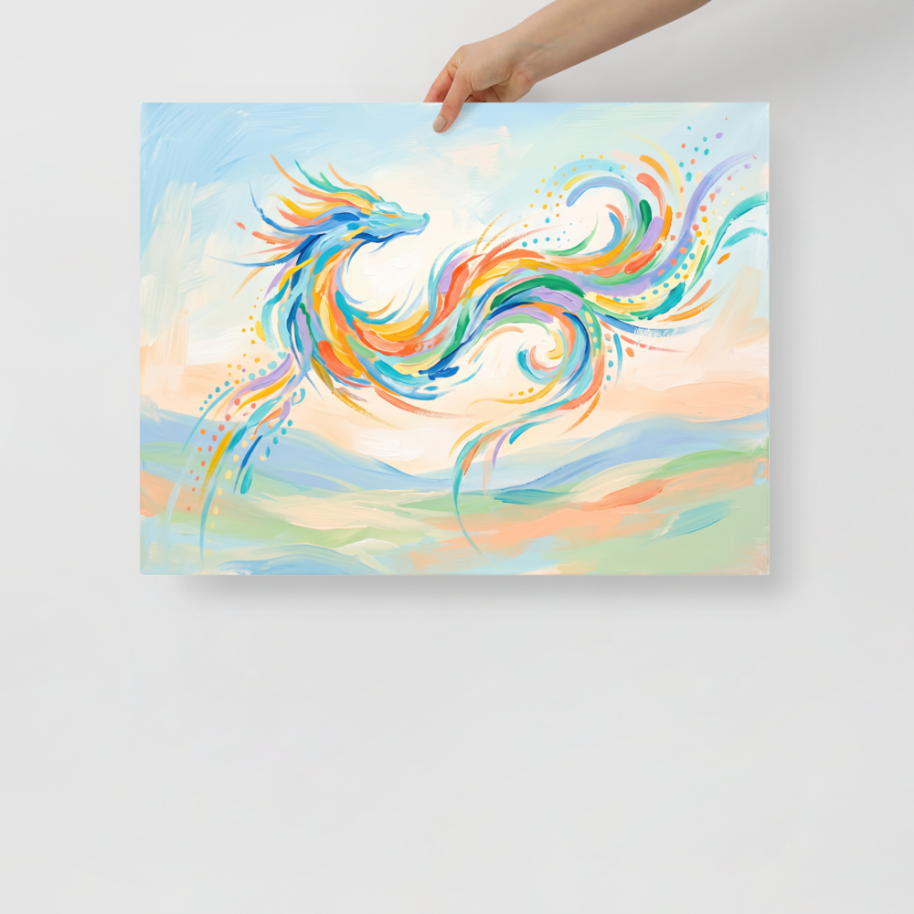 Vibrant pastel painting of a colorful celestial dragon dancing in the sky, perfect wall art for a bedroom. A Expressionism print in sky blue and peach puff, 'Celestial Dragon'.