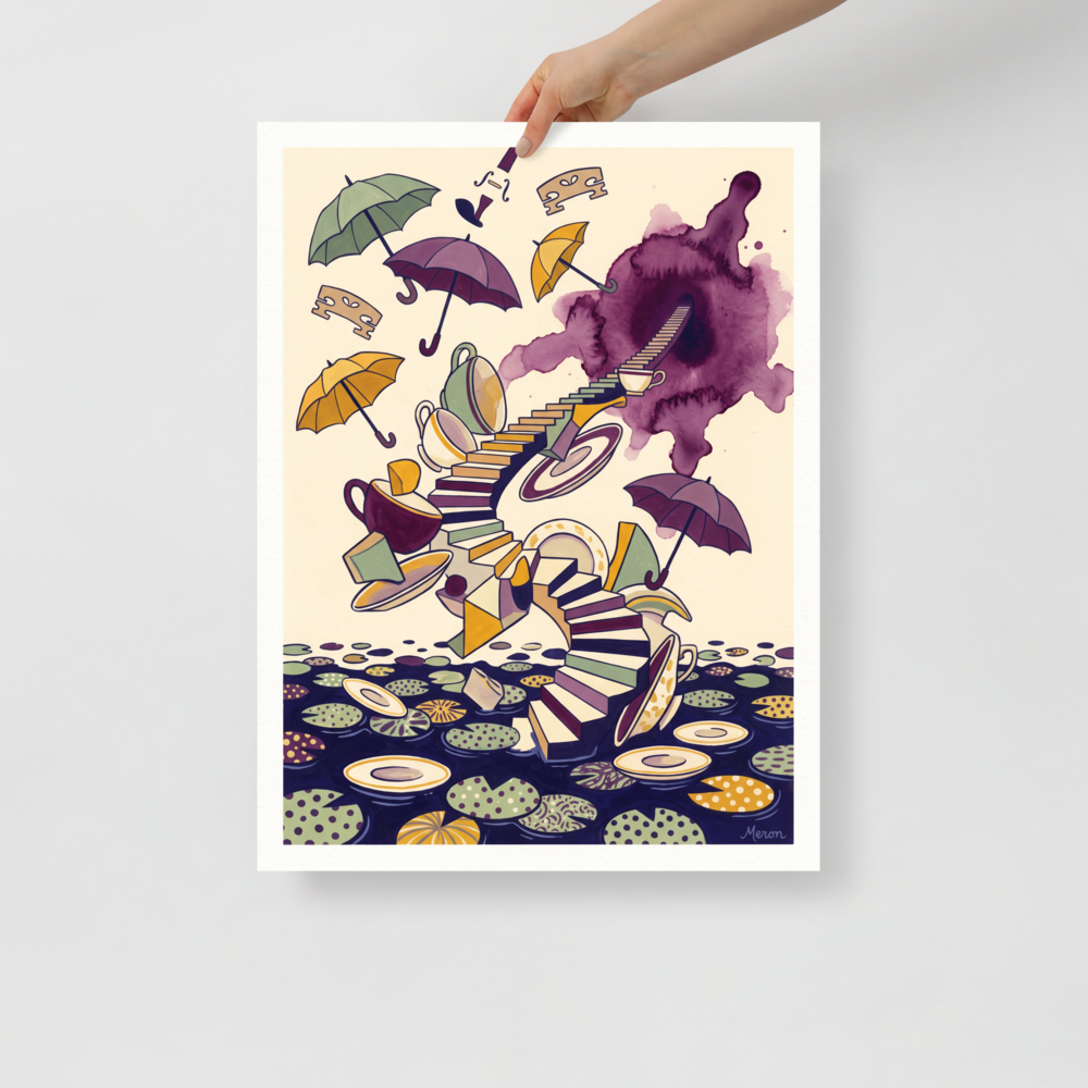 The Surrealism print 'Tea Time Portal'. A surreal whimsical art print featuring a spiral staircase, floating umbrellas, and teacups over lily pads for a dining room or nook wall.