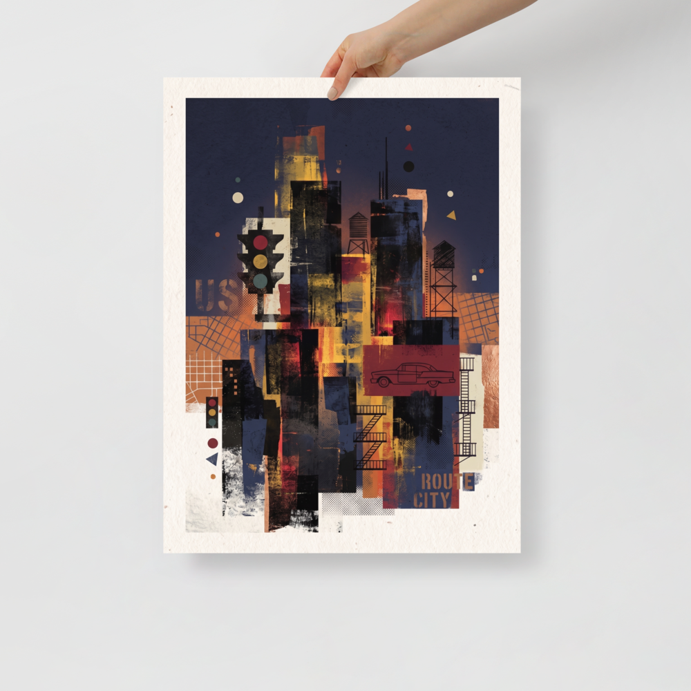 A nostalgia scene in navy and orange, 'Route City Shadows'. A layered urban collage featuring city skyline silhouettes, water towers, and vintage street signs against a dark sky, making a bold statement in an office.