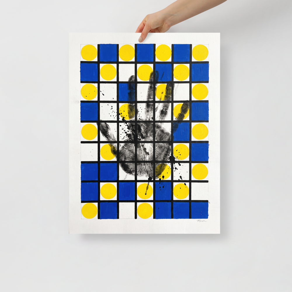 Modernist geometric grid art featuring blue squares and a handprint displayed in a studio. 'Human Grid', a De Stijl (also known as Neoplasticism) print for the wall.