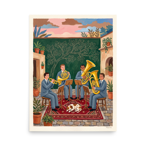 'Courtyard Serenade', part of Meron's Folk art wall art. Charming folk art illustration of a brass quartet playing music in a courtyard with a sleeping dog, ideal for a living room wall.