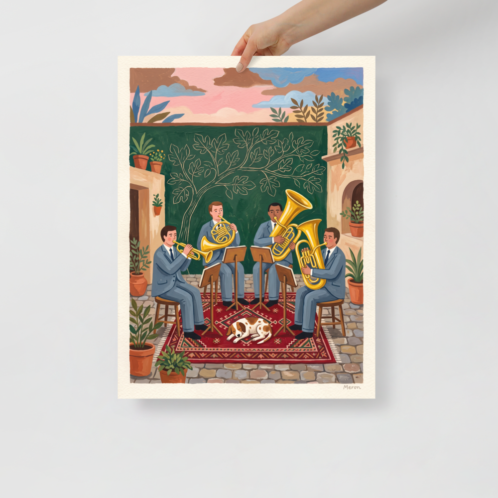 'Courtyard Serenade', part of Meron's Folk art wall art. Charming folk art illustration of a brass quartet playing music in a courtyard with a sleeping dog, ideal for a living room wall.