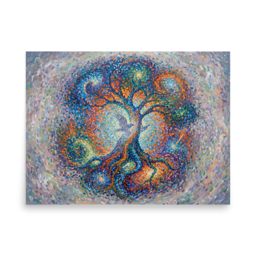 A vibrant pointillist painting of a cosmic tree with a bird in the center, ideal for a peaceful Meditation Room / Zen Space. A Pointillism print with a oil painting look, titled 'Cosmic Roots'.