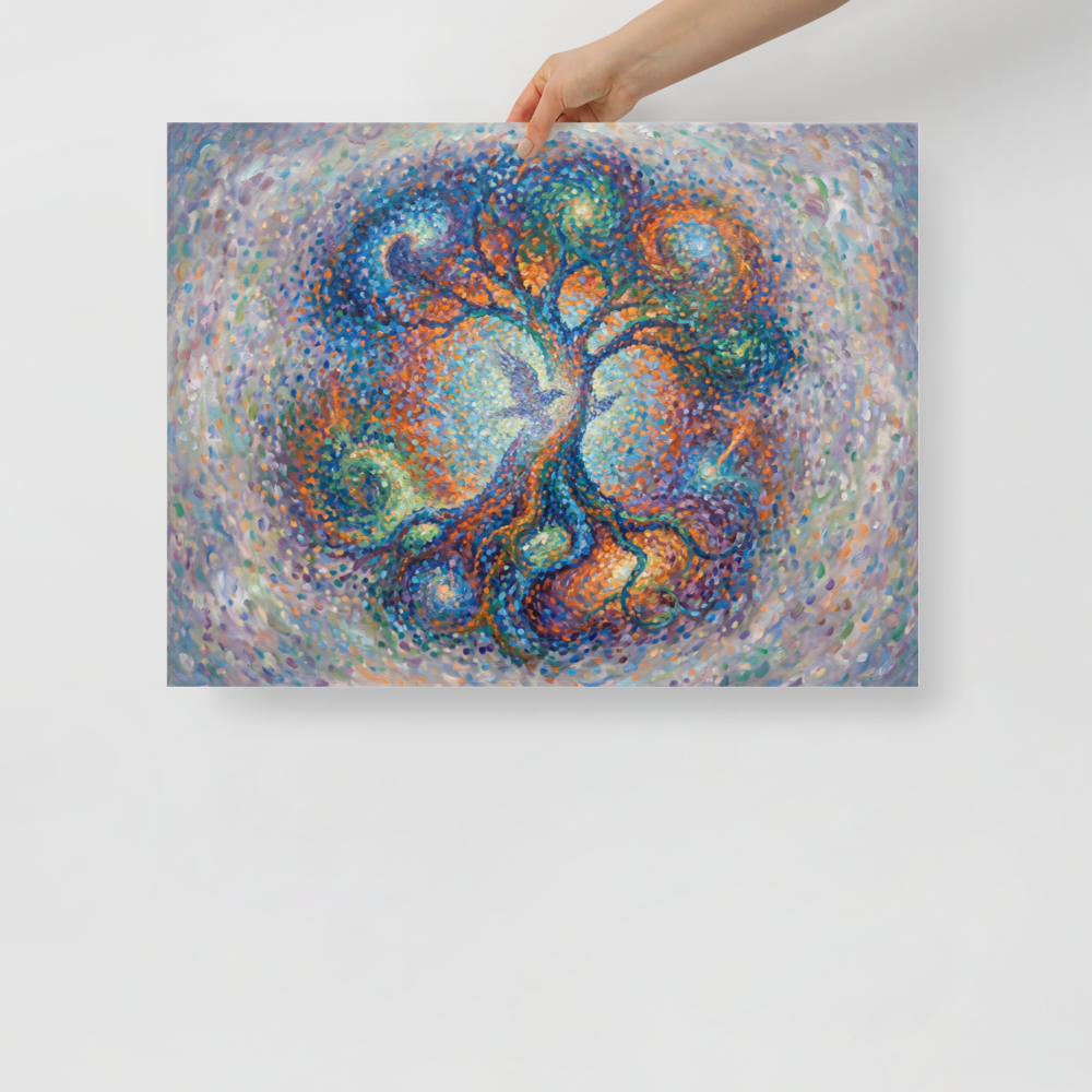 A vibrant pointillist painting of a cosmic tree with a bird in the center, ideal for a peaceful Meditation Room / Zen Space. Available as the Pointillism art print 'Cosmic Roots'.