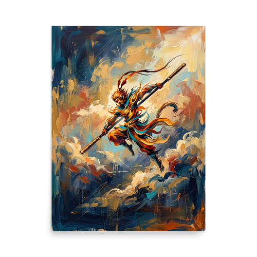 Impressionism wall art, 'Cloud Sovereign'. Rich impasto painting of Sun Wukong leaping through celestial clouds, suited for a living room wall.