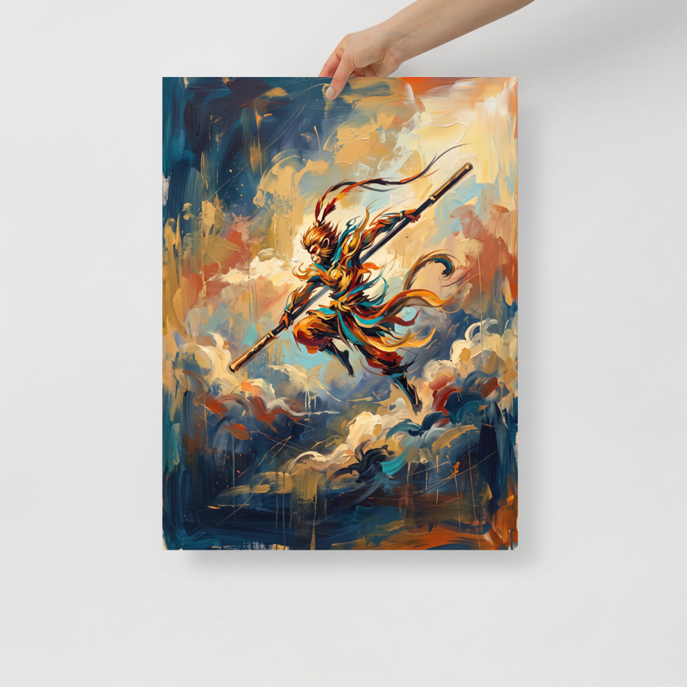 'Cloud Sovereign' by Meron. Rich impasto painting of Sun Wukong leaping through celestial clouds, suited for a living room wall. A Impressionism wall art print.